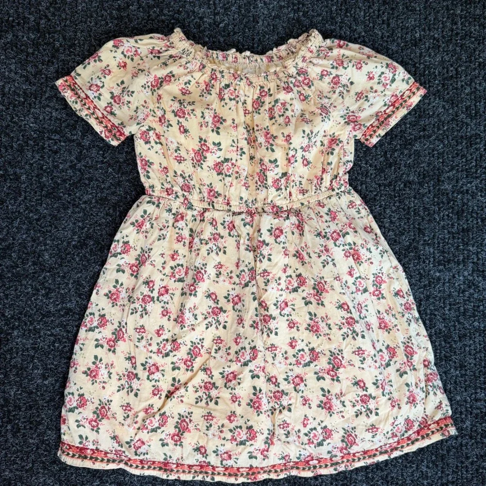 Gap Kids Floral Short Sleeve Dress Cream Red Rose Print Embroidered Trim Size S